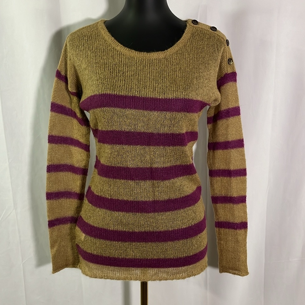 NWT LOFT Light Brown & Purple Striped Button Shoulder Mohair Sweater